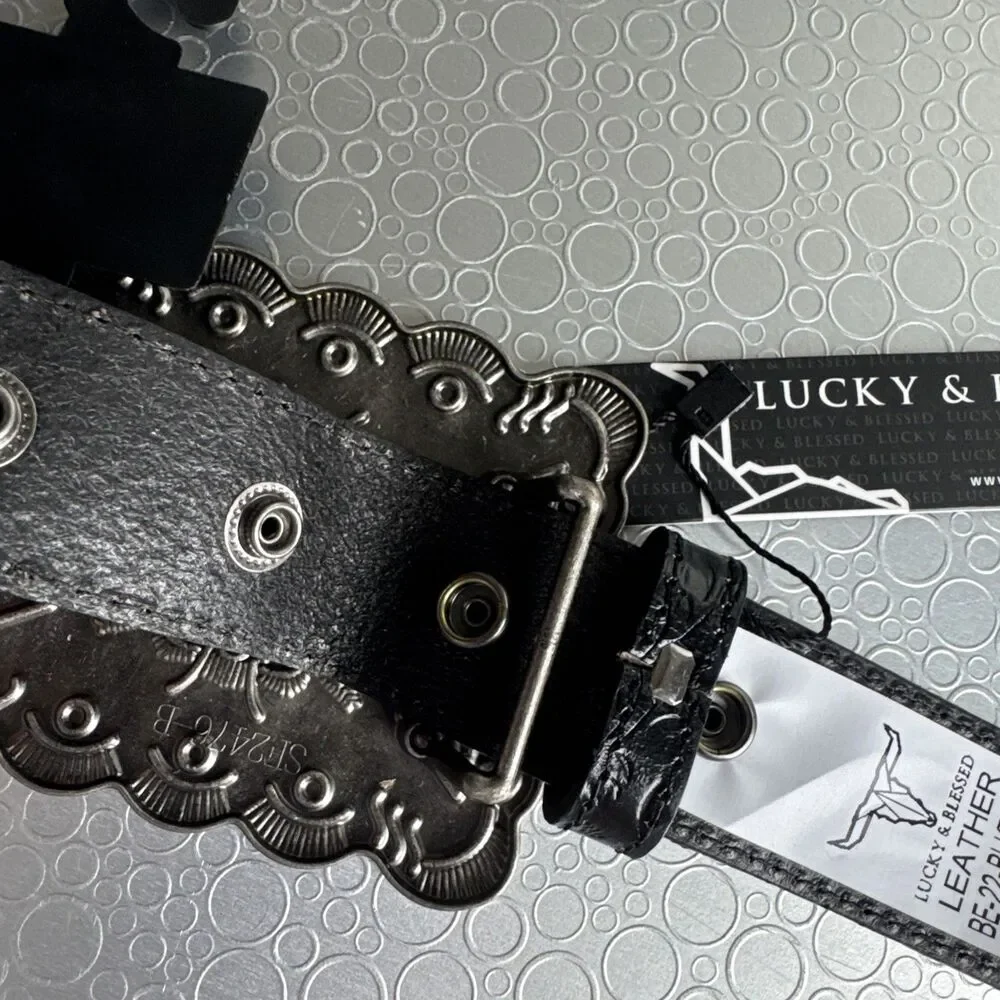 New Lucky & Blessed Black Embossed Concho Belt - Size S Runs Bigger Dust Bag